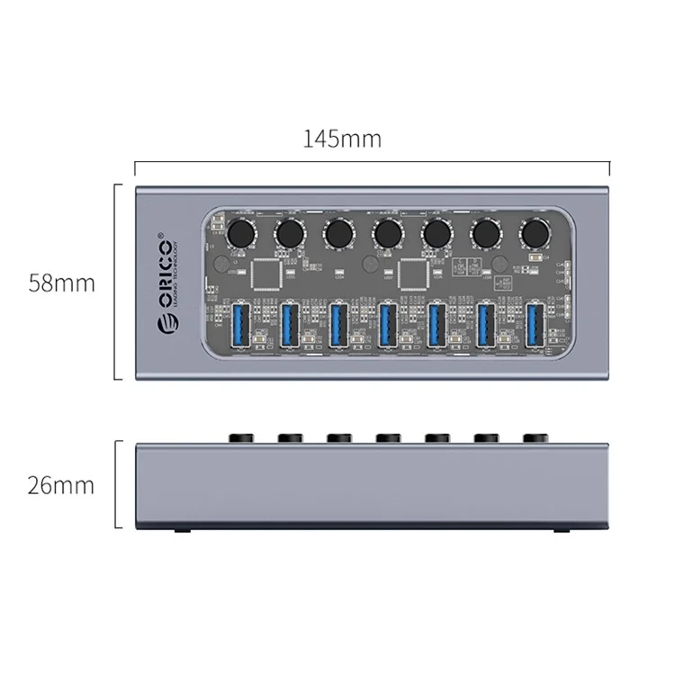 ORICO AT2U3-7AB 7 Ports USB3.0 5Gbps Data Transmission 5V/2.4A Phone Charging Dock Aluminum Alloy + PC USB Hub Splitter with Individual Switches - Prise AU