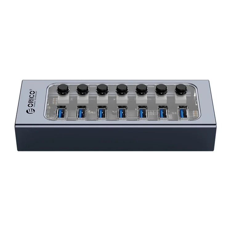 ORICO AT2U3-7AB 7 Ports USB3.0 5Gbps Data Transmission 5V/2.4A Phone Charging Dock Aluminum Alloy + PC USB Hub Splitter with Individual Switches - Prise AU