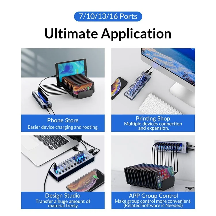 ORICO AT2U3-7AB 7 Ports USB3.0 5Gbps Data Transmission 5V/2.4A Phone Charging Dock Aluminum Alloy + PC USB Hub Splitter with Individual Switches - Prise AU