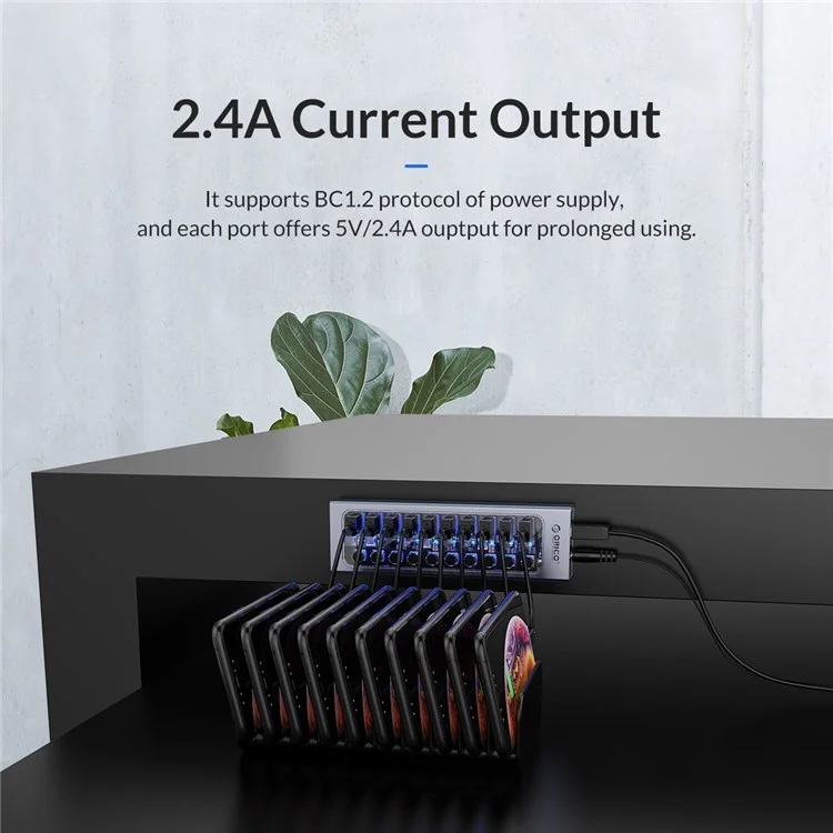 ORICO AT2U3-10AB Alliage d'aluminium + PC 10 Ports Hub USB3.0 Transmission de données 5 Gbps Chargement de téléphone Dock USB Répartiteur avec commutateurs individuels - Prise UE