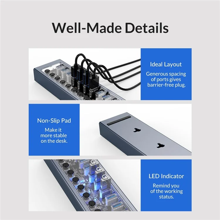 ORICO AT2U3-10AB Alliage d'aluminium + PC 10 Ports Hub USB3.0 Transmission de données 5 Gbps Chargement de téléphone Dock USB Répartiteur avec commutateurs individuels - Prise UE