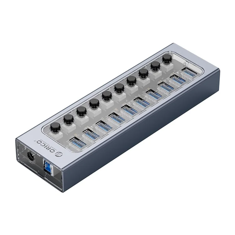 ORICO AT2U3-10AB Alliage d'aluminium + PC 10 Ports Hub USB3.0 Transmission de données 5 Gbps Chargement de téléphone Dock USB Répartiteur avec commutateurs individuels - Prise UE