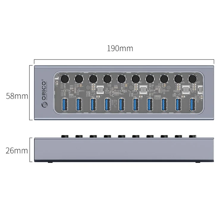 ORICO AT2U3-10AB Aluminum Alloy + PC 10 Ports USB3.0 Hub 5Gbps Data Transmission Phone Charging Dock USB Hub Splitter with Individual Switches - EU Plug