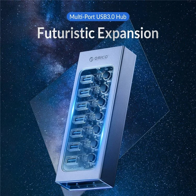 ORICO AT2U3-10AB Alliage d'aluminium + PC 10 Ports Hub USB3.0 Transmission de données 5 Gbps Chargement de téléphone Dock USB Répartiteur avec commutateurs individuels - Prise UE