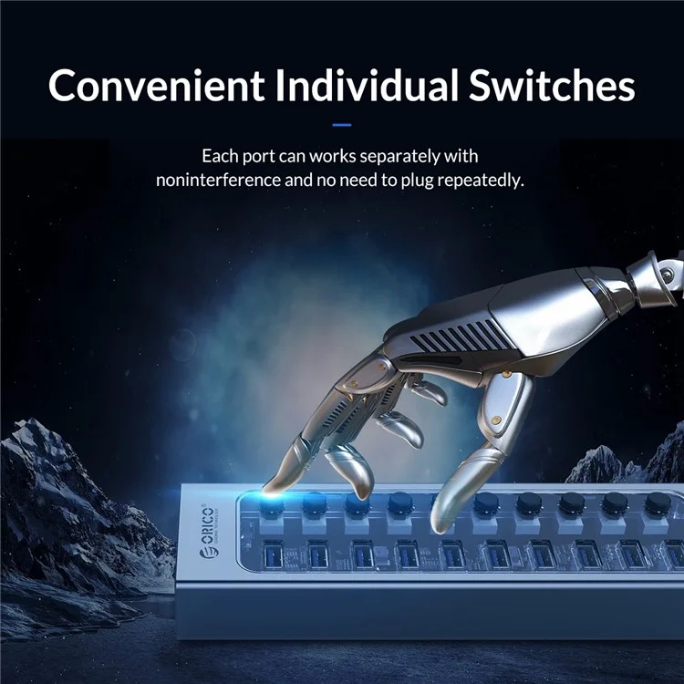 ORICO AT2U3-10AB Alliage d'aluminium + PC 10 Ports Hub USB3.0 Transmission de données 5 Gbps Chargement de téléphone Dock USB Répartiteur avec commutateurs individuels - Prise UE