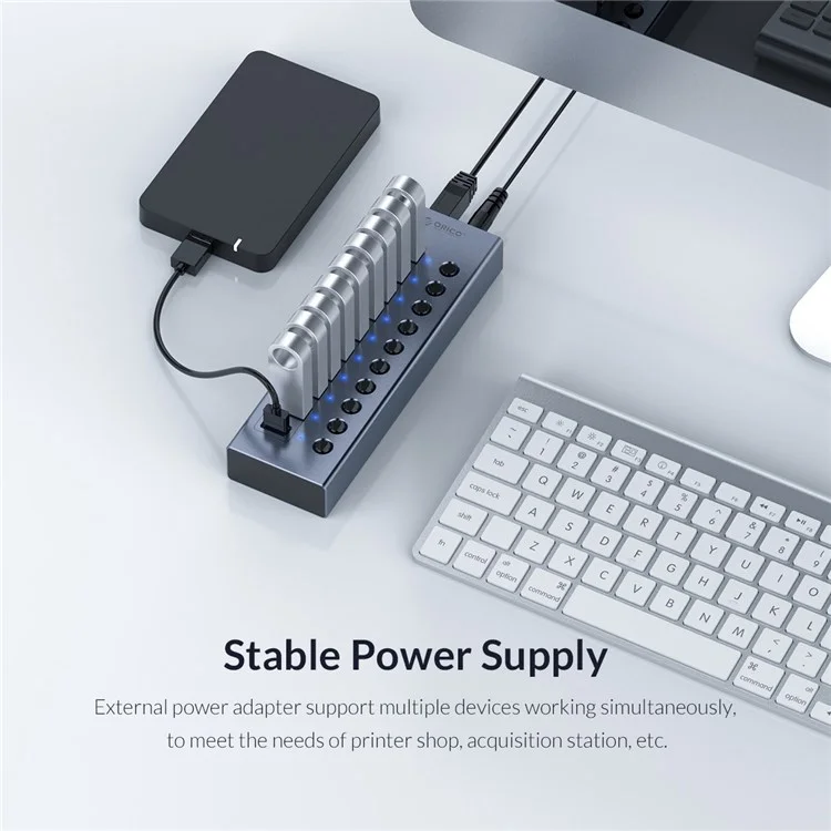 ORICO BT2U3-10AB Aluminum Alloy 10 Port USB3.0 5Gbps Data Transmission USB Hub Charging Splitter with Individual Switches - EU Plug