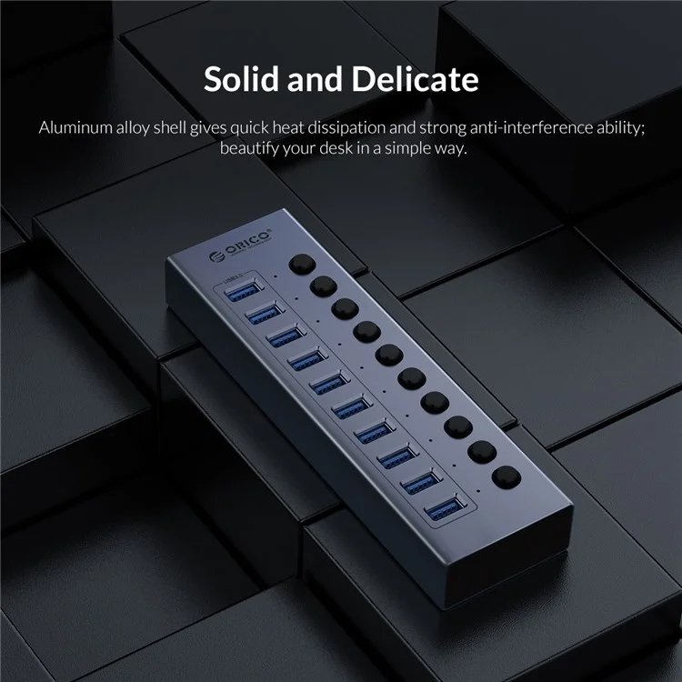 ORICO BT2U3-10AB Aluminum Alloy 10 Port USB3.0 5Gbps Data Transmission USB Hub Charging Splitter with Individual Switches - EU Plug