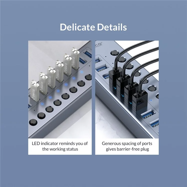 ORICO BT2U3-10AB Aleación de Aluminio 10 Puerto USB3.0 5gbps Transmisión de Datos USB Dispitor de Carga en - Enchufe de la ue