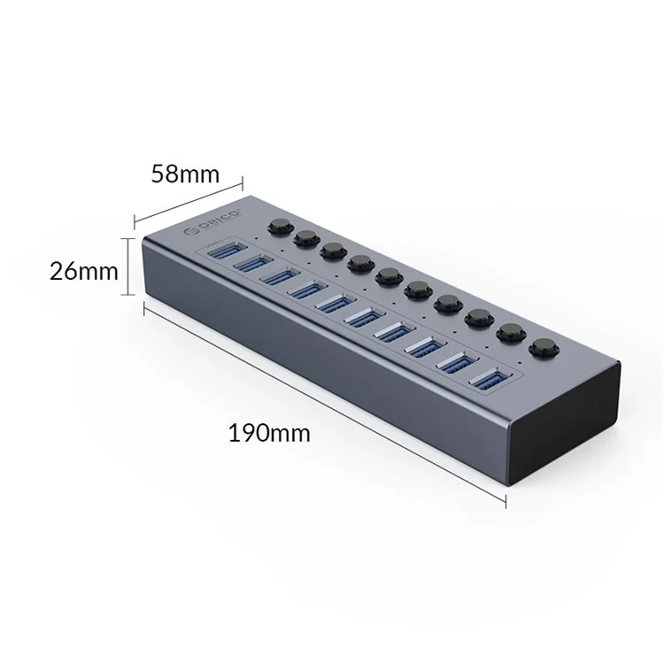 ORICO BT2U3-10AB Alliminum Alliam 10 Port USB3.0 5 Gbps Traitement de Données Données USB Splitter de Charge Avec Commutateurs Individuels - Bouchon ue