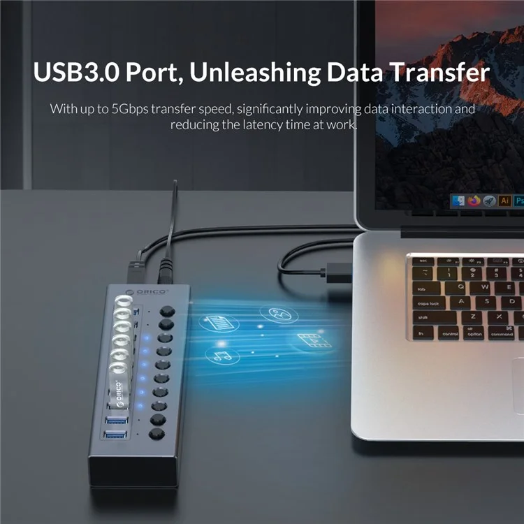 ORICO BT2U3-10AB Aleación de Aluminio 10 Puerto USB3.0 5gbps Transmisión de Datos USB Dispitor de Carga en - Enchufe de la ue