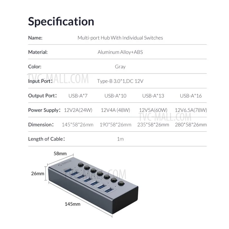 ORICO BT2U3-13AB Aluminum Alloy Multi-port HUB with Individual Switches, US Plug