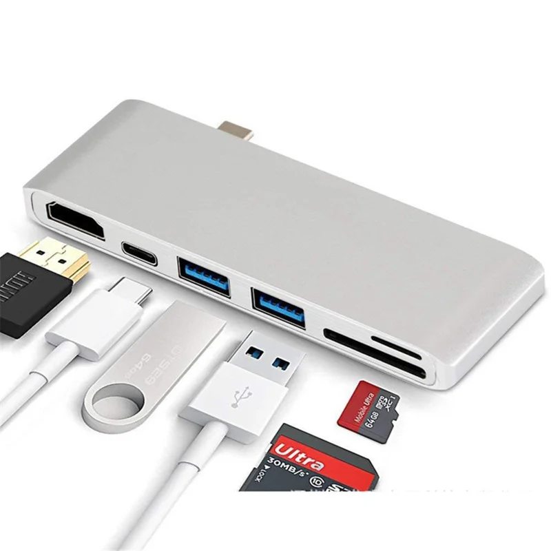 6-in-1 Type C Hub Adapter + 2*USB 3.0 + PD + SD/TF Card Reader Docking Station - Silver