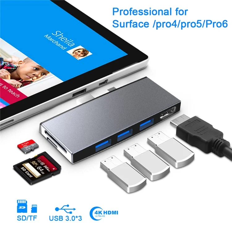 ROCKETEK SH759 USB3.0 Hub 4K HDMI USB Splitter Adapter SD/TF Card Reader para Microsoft Surface Pro 4/5/6