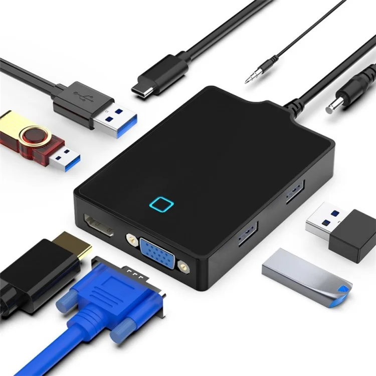 ROCKETEK UTC-641 8-in-1 Type-C Docking Station USB-C to VGA/HDMI Converter USB3.0 5Gbps Hub Adapter