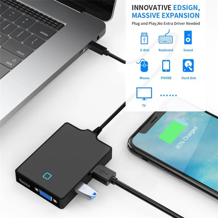 ROCKETEK UTC-641 8-in-1 Type-C Docking Station USB-C to VGA/HDMI Converter USB3.0 5Gbps Hub Adapter