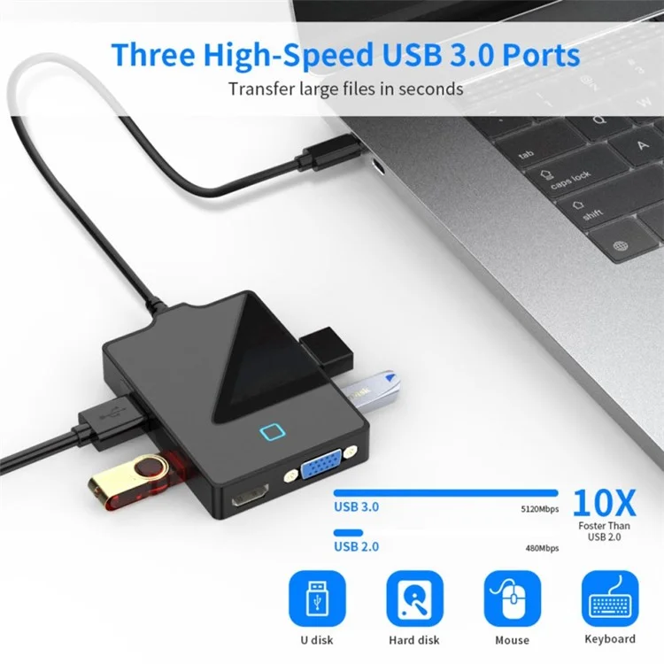 ROCKETEK UTC-641 8-in-1 Type-C Docking Station USB-C to VGA/HDMI Converter USB3.0 5Gbps Hub Adapter