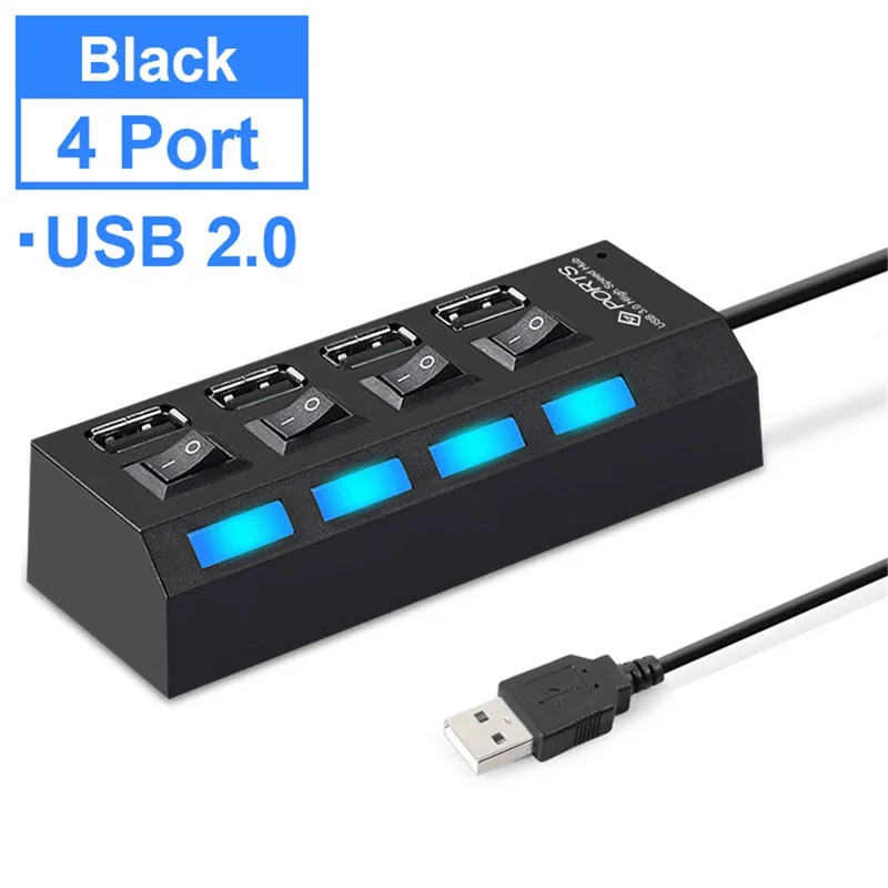 A42 High Speed USB2.0 4-Port USB Hub Splitter with Independent Switch - Black