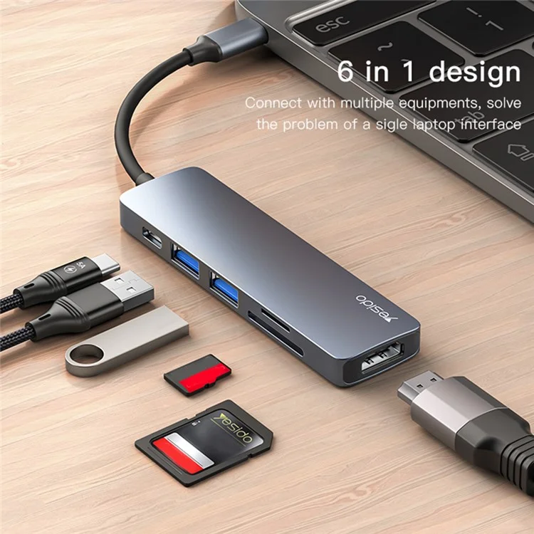 YESIDO HB11 Type-C 6-в-1 концентратор 4K HDMI USB3.0/2.0 TF SD Card Reader PD 60W Adapter Док-станция