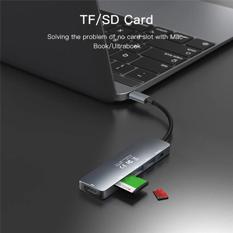 YESIDO HB11 Type-C 6-в-1 концентратор 4K HDMI USB3.0/2.0 TF SD Card Reader PD 60W Adapter Док-станция