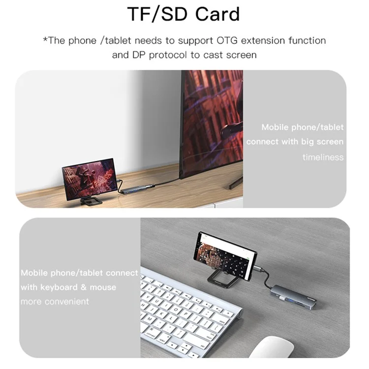 YESIDO HB11 Type-C 6-в-1 концентратор 4K HDMI USB3.0/2.0 TF SD Card Reader PD 60W Adapter Док-станция