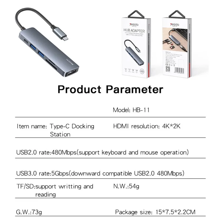 YESIDO HB11 Type-C 6-в-1 концентратор 4K HDMI USB3.0/2.0 TF SD Card Reader PD 60W Adapter Док-станция