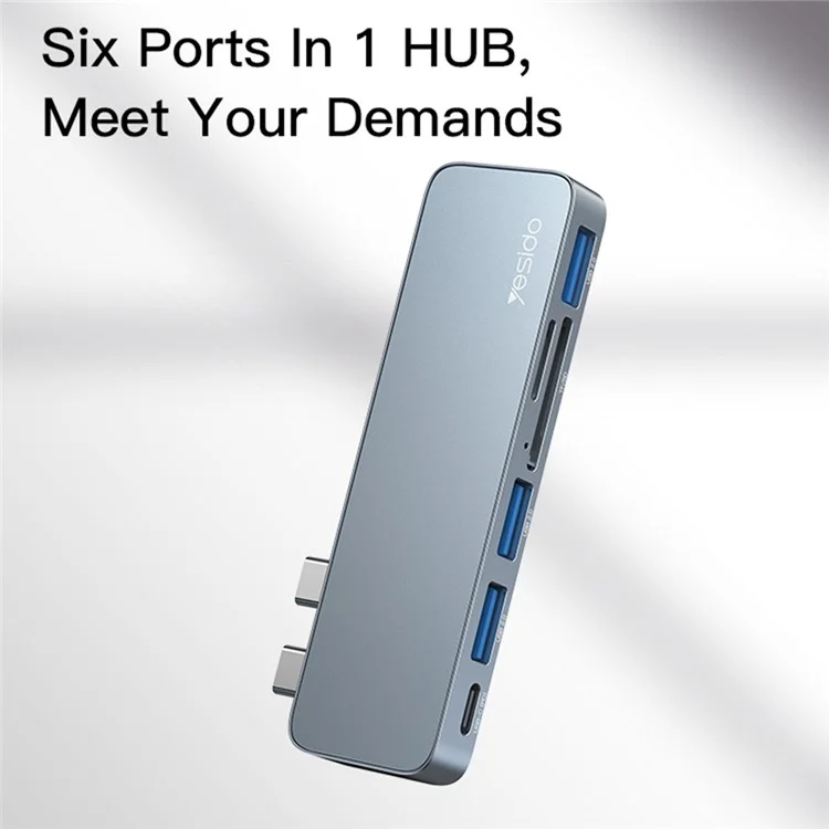 YESIDO HB10 Dual-Typ-C-Hub-Splitter 6-in-1 USB3.0 TF/Speicherkarten-Lesegerät PD-Adapter Notebook-Dockingstation 