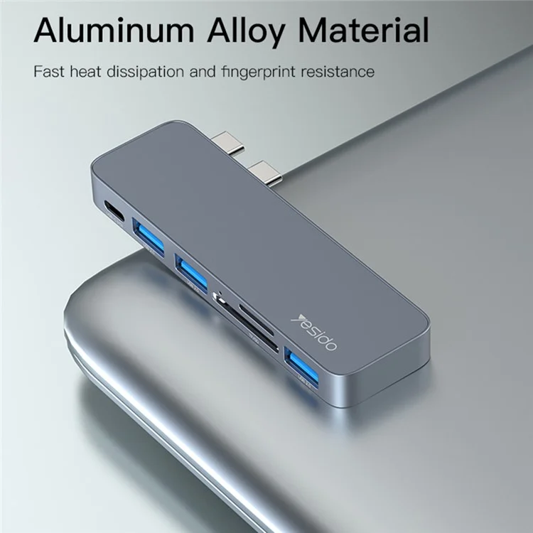 YESIDO HB10 Dual-Typ-C-Hub-Splitter 6-in-1 USB3.0 TF/Speicherkarten-Lesegerät PD-Adapter Notebook-Dockingstation 