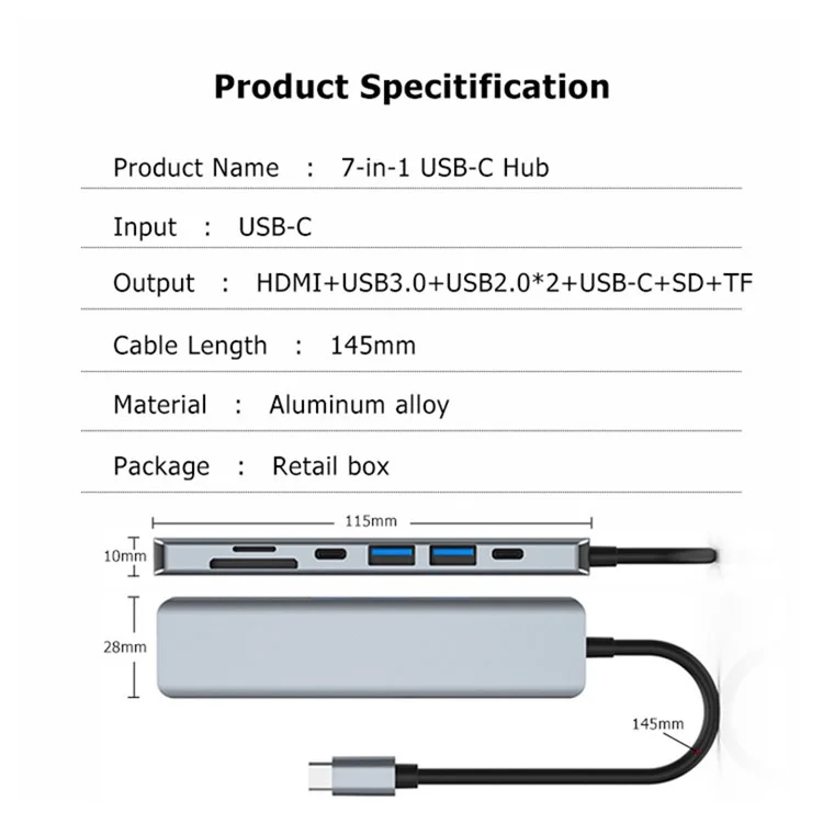 YG-2121 7 in 1 USB 3.1 Type-C Hub Adattatore Sincronizzatore Dati HDMI 4K 30Hz Multi-Port Docking Station con TD/TF/USB3.0