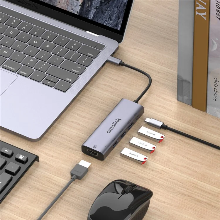AMALINK AL-95123D 5 en 1 86W Power Delivery Type C Hub 4K HDMI 2x USB 2.0 3.0 PD 3.0 Adaptateur pour Mac OS X Microsoft Windows