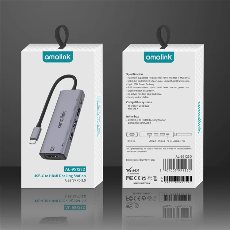 AMALINK AL-95123D 5 en 1 86W Power Delivery Type C Hub 4K HDMI 2x USB 2.0 3.0 PD 3.0 Adaptateur pour Mac OS X Microsoft Windows