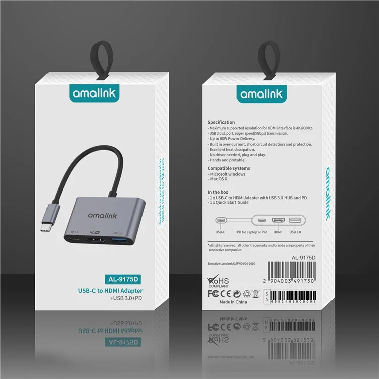 Adaptateur multi-ports AMALINK AL-9175D Type C vers HDMI + USB 3.0 + PD 3.0