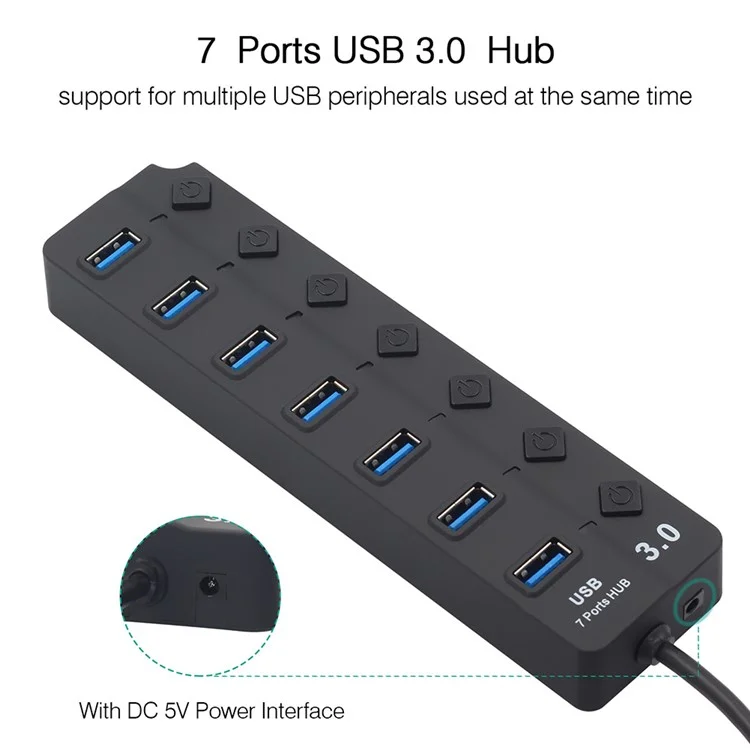 7-in-1 USB3.0 Hub High-speed 5GB / S 7-port Expander Adapter Multi USB Hub Splitter with Separate Button Switches