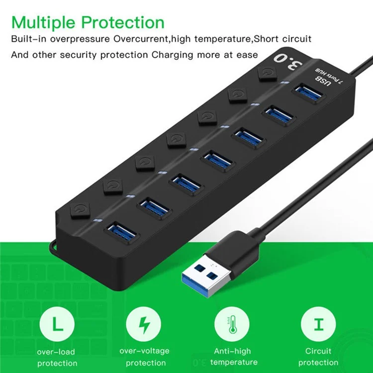 7-in-1 USB3.0 Hub High-speed 5GB / S 7-port Expander Adapter Multi USB Hub Splitter with Separate Button Switches