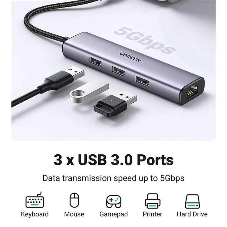 UGREEN Adaptador USB C para Ethernet 4 em 1 Type C Thunderbolt 3 para 3x USB 3.0 Gigabit RJ45 Hub Multiporta