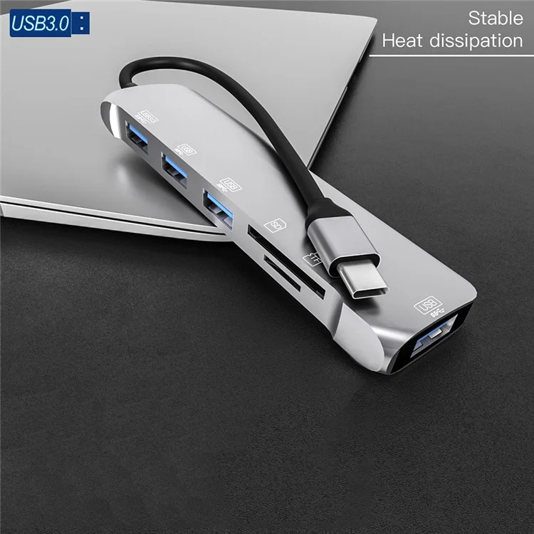 NK-3043H 6 em 1 Type-C para Slots TF / Cartão de Memória / USB3.0 + 3 Adaptador de Hub USB2.0 Portátil USB-C para Teclado, Mouse, Disco Rígido Externo