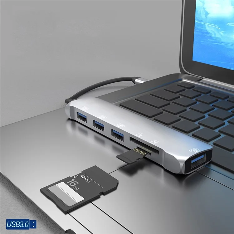 NK-3043H 6 em 1 Type-C para Slots TF / Cartão de Memória / USB3.0 + 3 Adaptador de Hub USB2.0 Portátil USB-C para Teclado, Mouse, Disco Rígido Externo
