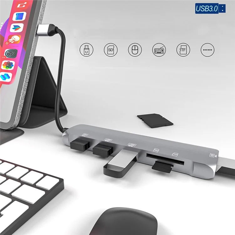 NK-3043H 6 em 1 Type-C para Slots TF / Cartão de Memória / USB3.0 + 3 Adaptador de Hub USB2.0 Portátil USB-C para Teclado, Mouse, Disco Rígido Externo