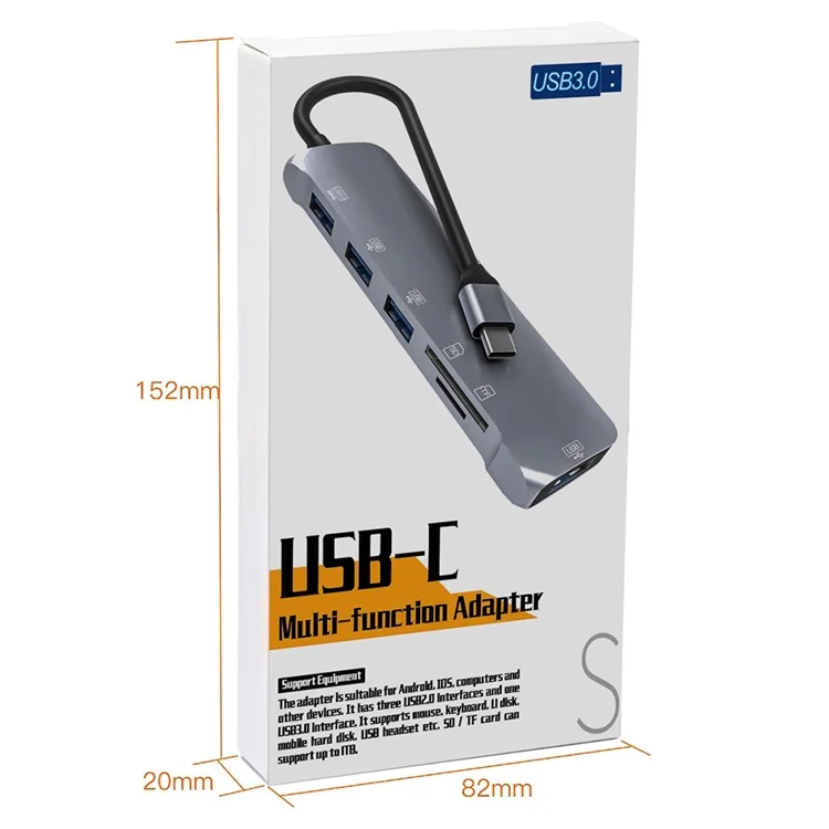 NK-3043H 6 em 1 Type-C para Slots TF / Cartão de Memória / USB3.0 + 3 Adaptador de Hub USB2.0 Portátil USB-C para Teclado, Mouse, Disco Rígido Externo