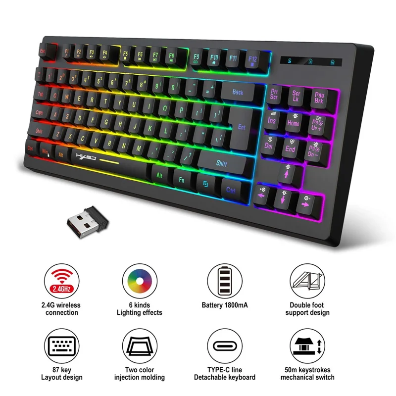 HXSJ L100 2.4G Wireless Keyboard 87 Keys RGB Light Computer Laptop Gaming Keyboard - White