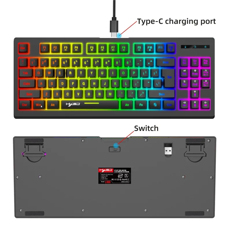 HXSJ L100 2.4G Wireless Keyboard 87 Keys RGB Light Computer Laptop Gaming Keyboard - White