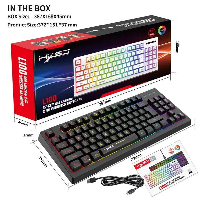 HXSJ L100 2.4G Wireless Keyboard 87 Keys RGB Light Computer Laptop Gaming Keyboard - White