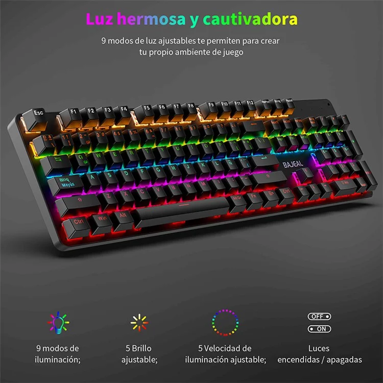 BAJEAL Clavier filaire espagnol 104 touches rétroéclairé pour ordinateur portable de jeu avec interrupteur bleu mécanique - Noir