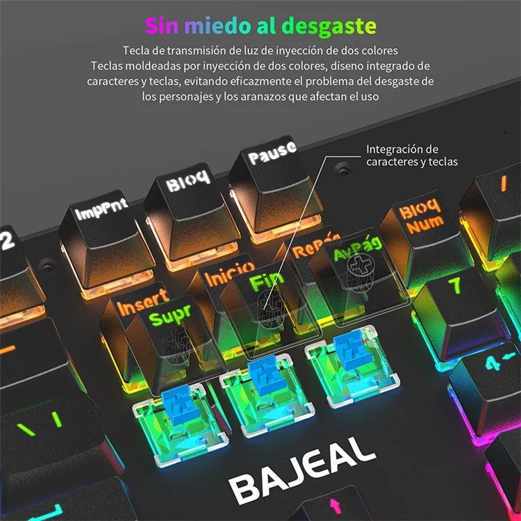 BAJEAL Clavier filaire espagnol 104 touches rétroéclairé pour ordinateur portable de jeu avec interrupteur bleu mécanique - Noir