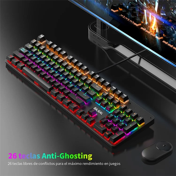 BAJEAL Clavier filaire espagnol 104 touches rétroéclairé pour ordinateur portable de jeu avec interrupteur bleu mécanique - Noir