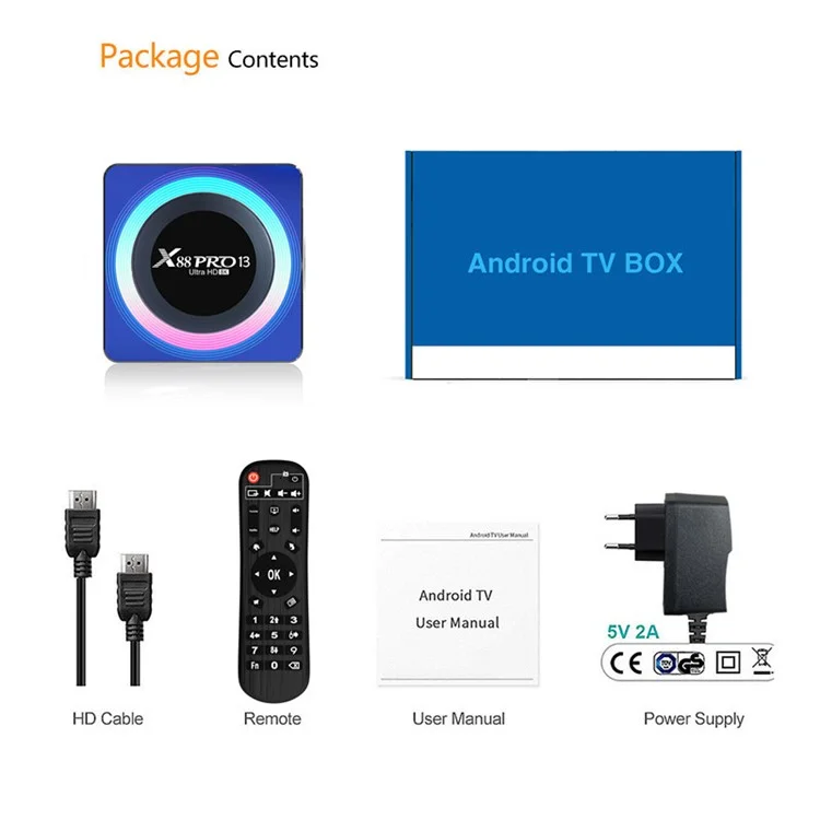 X88 Pro 13 8K Ultra HD Android 13.0 Smart -tv -box Mit Fernbedienung (2 Gb+16 Gb) - US -stecker