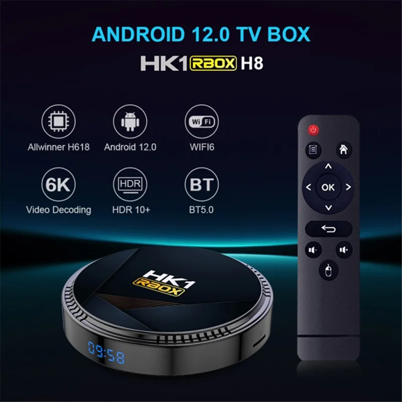 HK1 RBOX-H8-H618 Ultra HD 4K Output Mini Set-top Box Android 12 4GB+64GB TV Box Support 6K Video Decoding - UK Plug