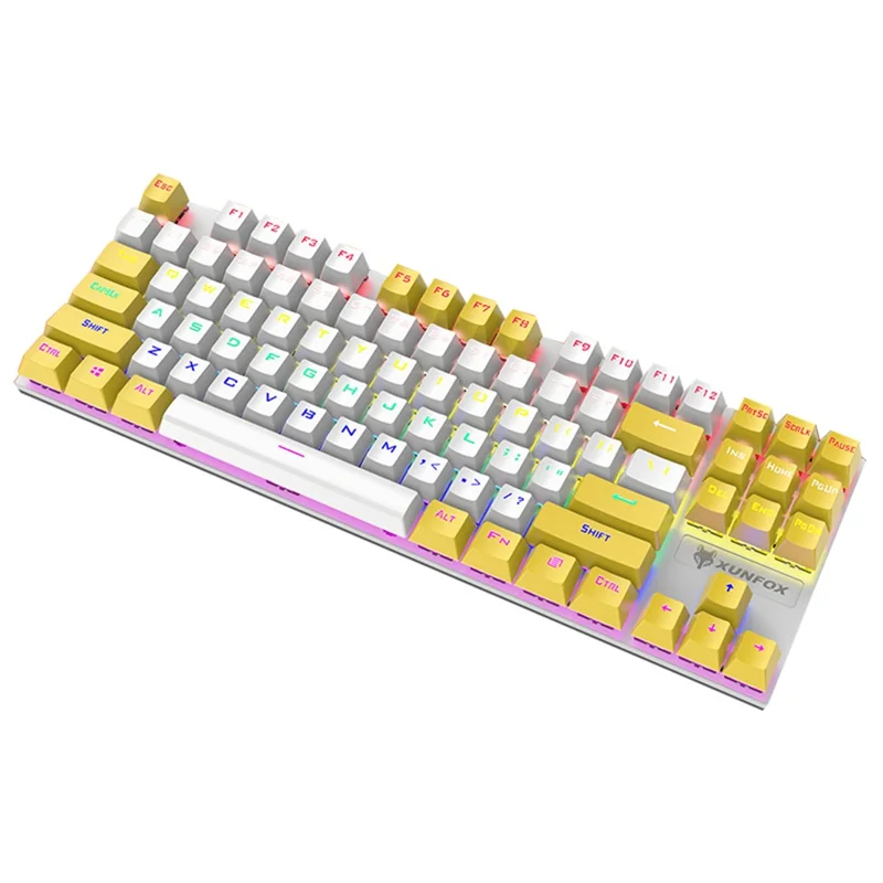XUNFOX K80 87-клавишная механическая клавиатура с синими переключателями, компактная проводная клавиатура с эффектом освещения - белый+желтый