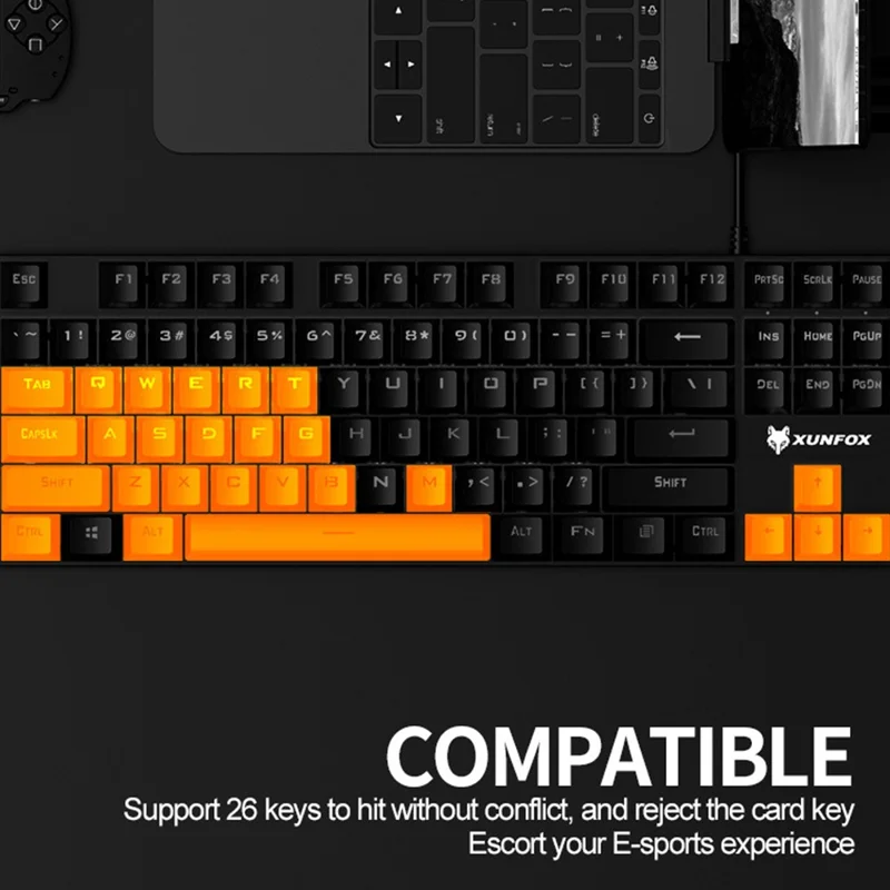 XUNFOX K80 87-клавишная механическая клавиатура с синими переключателями, компактная проводная клавиатура с эффектом освещения - белый+желтый