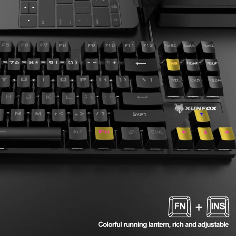 XUNFOX K80 87-клавишная механическая клавиатура с синими переключателями, компактная проводная клавиатура с эффектом освещения - белый+желтый