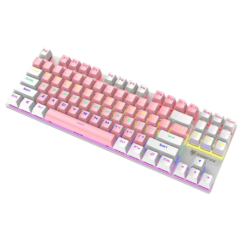 XUNFOX K80 87-key Mechanical Keyboard Blue Switch Compact Wired Keyboard with Light Effect - Pink+White